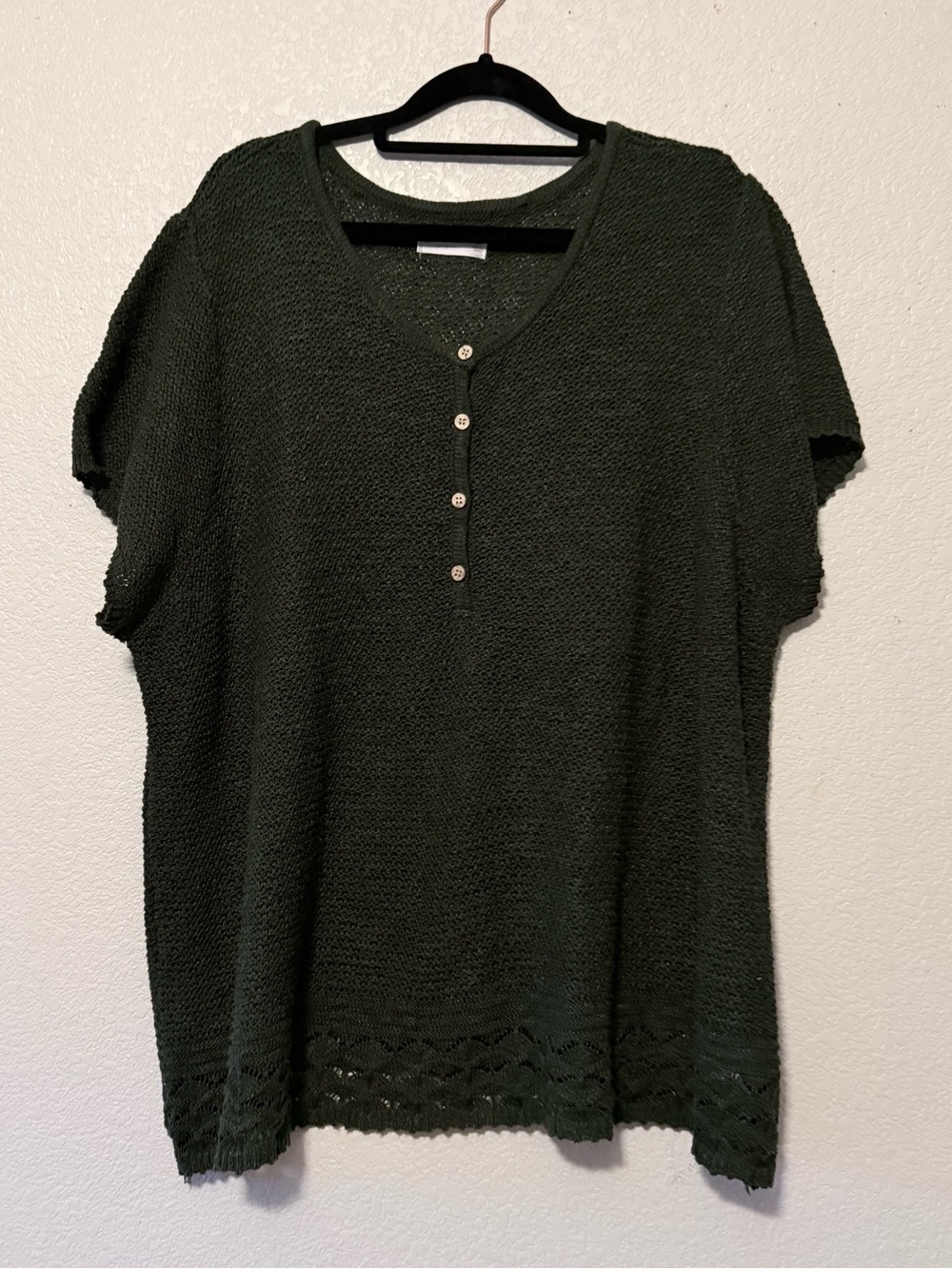 Women's Dark Green Textured Short Sleeve Henley Top 0245